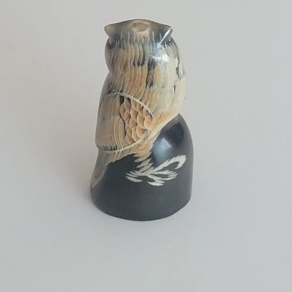 Vintage Carved Water Buffalo Horn Owl Figurine Sculpture 2.75